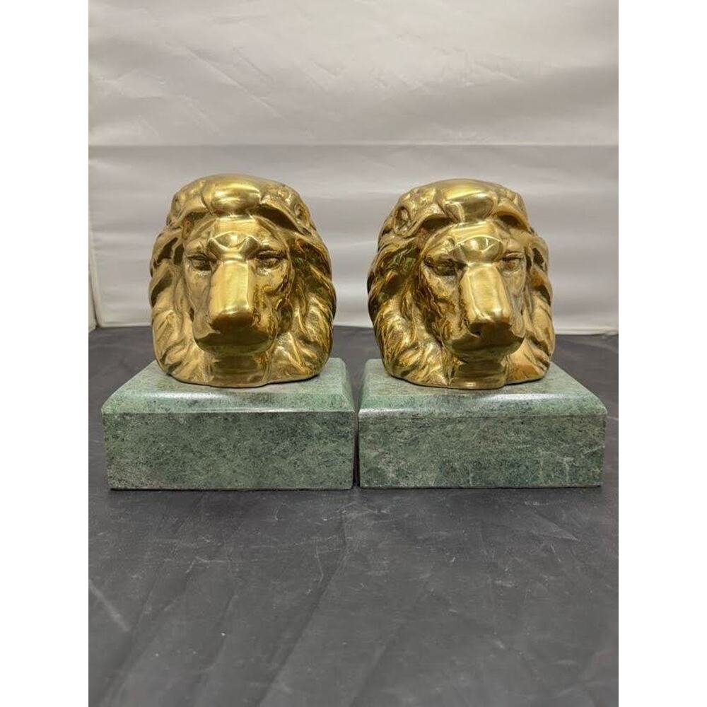 Decorative Crafts Brass Lion Head Bookends Green Marble Base MCM #2079 Korea Vtg